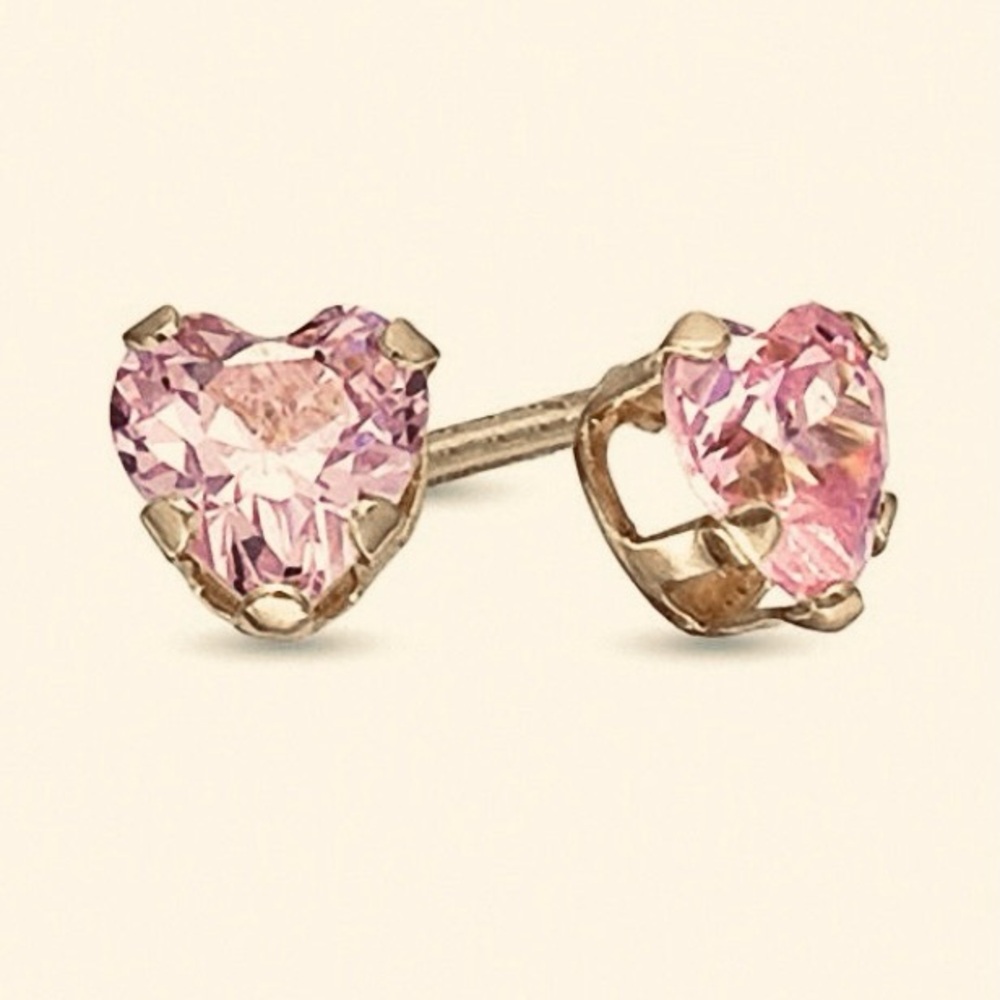VINTAGE Heart-Shaped Pink Quartz Gem Stone Stud Earrings in Gold approx 1/4” - Picture 4 of 7